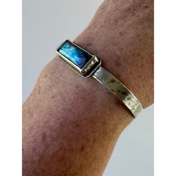 Star Light Labradorite Cuff Handmade Unisex Sterling Silver Hand Stamp Bracelet - Picture 7 of 7